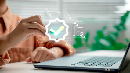 Digital document approval and online verification with check mark icon, business compliance, electronic signature, and secure validation for modern corporate and technology solutions.