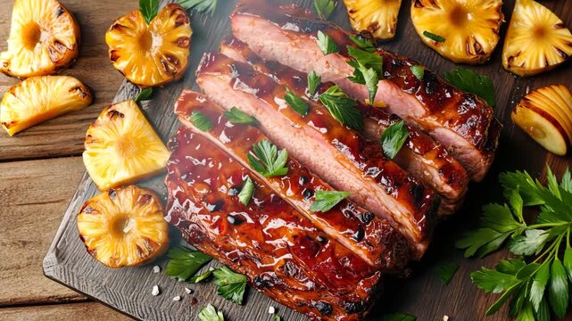 Grilled pork ribs with pineapple and fresh herbs on wooden board  

