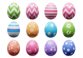 A collection of twelve colorful decorated easter eggs with various patterns, isolated on a transparent background
