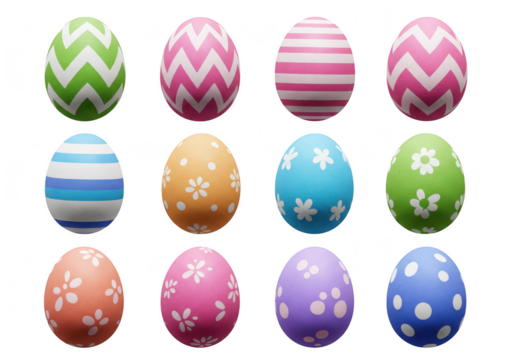 A collection of twelve colorful decorated easter eggs with various patterns, isolated on a transparent background