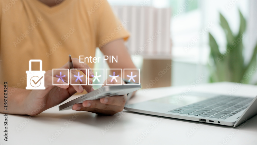 Poster man entering pin code on tablet for secure online transaction and digital authentication. concept of