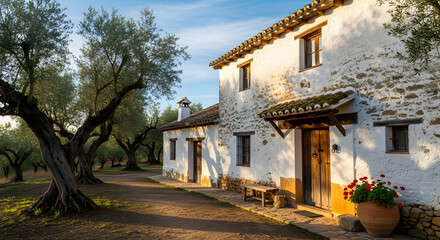 Rural house in andalusia with olive trees and flower pots in garden