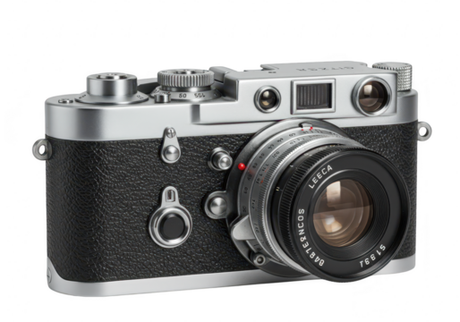 A vintage silver and black camera with a lens isolated on a transparent background