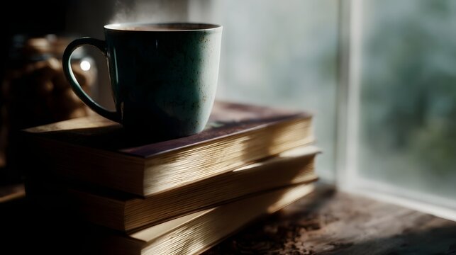 A cozy morning study with books and a steaming coffee mug