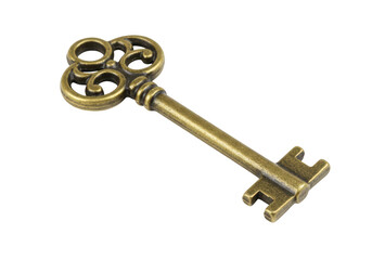 An antique ornate brass key isolated on transparent background