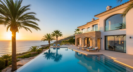 Fototapeta premium Luxury villa with pool overlooking the sea at sunset, vacation concept
