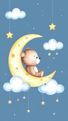 Cute teddy bear on crescent moon, starry night