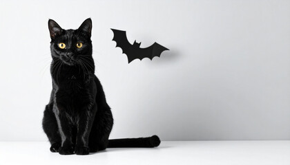 A sleek black cat with striking yellow eyes sits intently next to a spooky paper bat silhouette, captured in a high-contrast, minimalist studio shot against a clean white background.