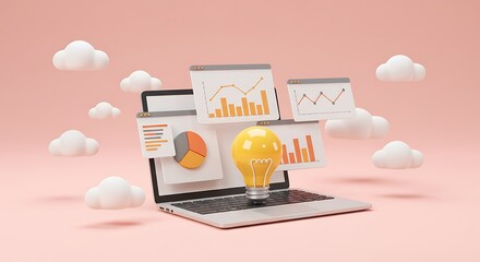 Creative Business Ideas and Data Analysis Represented by Laptop Charts Light Bulb and Floating Clouds on Pastel Pink Background