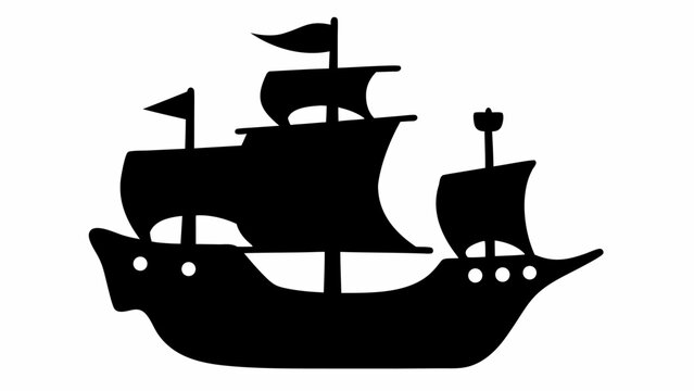 Silhouette of a sailing ship with multiple sails and masts on a white background in a simple design