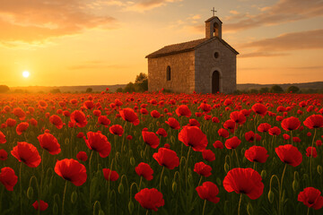 AI-Generated picturesque stone chapel landscape background surrounded by vibrant red poppy field at golden hour sunset for European countryside tourism and religious heritage marketing.