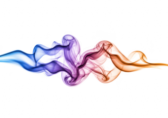 Abstract colorful smoke swirling and flowing in waves, isolated on transparent background