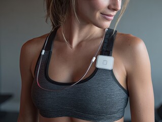 Woman in sportswear wears fitness tracker, smiles. Details include sensor and strap