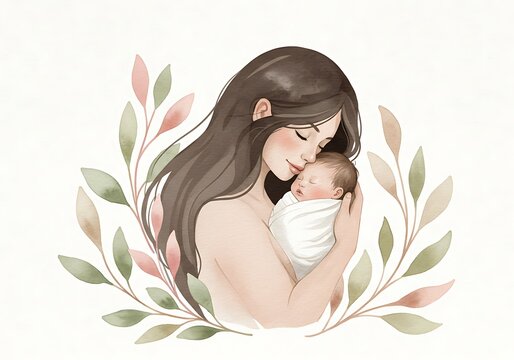 Tender Motherhood: Watercolor Illustration of Mother and Newborn Baby - Powered by Adobe