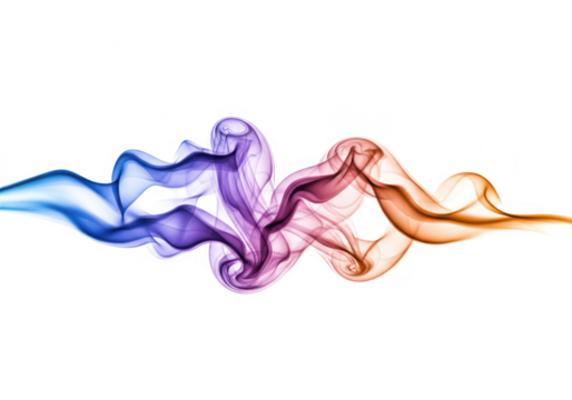 Abstract colorful smoke swirling and flowing in waves, isolated on transparent background