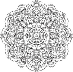 Fototapeta premium Intricate Mandala Design: A stunning mandala showcases intricate patterns and floral elements in black and white, perfect for meditation, coloring, and spiritual practices.