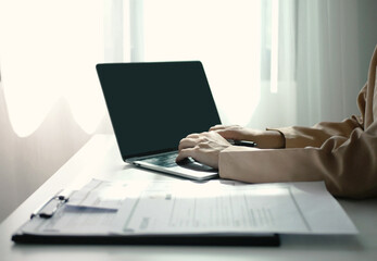 Businesswoman employer holding resume, recruiting, planning, evaluating and reviewing resume of job...