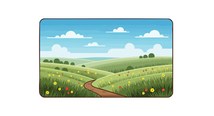 Fototapeta premium Serene rolling hills landscape, showcasing a winding path, wildflowers and a gentle cloudy sky creating a sense of tranquility