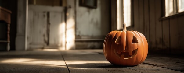 Fototapeta premium A carved pumpkin sits on a wooden floor, illuminated by soft light, creating an eerie yet inviting Halloween atmosphere.
