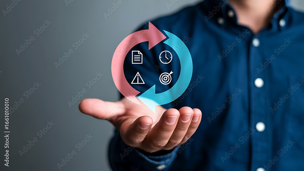 Poster human hand holding a futuristic circular interface with technology icons representing data analysis 