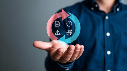 Human hand holding a futuristic circular interface with technology icons representing data analysis and innovation concepts