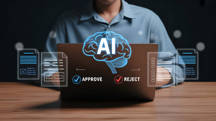 Person interacting with advanced ai technology featuring a glowing brain and data streams on a laptop screen in a futuristic setting.