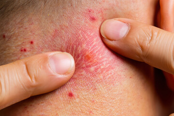 Close up of fingers squeezing inflamed pimple on neck skin