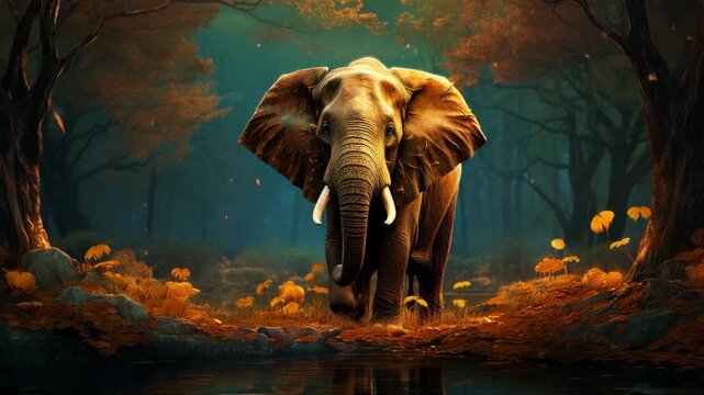 Elephant walking in autumn forest with golden leaves  
