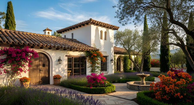 Beautiful spanish villa with a garden and fountain in the countryside, spain