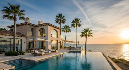 Fototapeta premium Luxury villa with swimming pool and palm trees overlooking the ocean