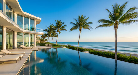 Fototapeta premium Luxury villa with infinity pool overlooking the ocean on a sunny day