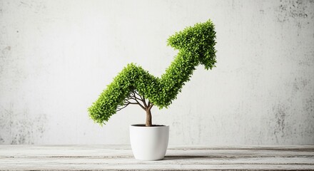 Green arrow shaped tree growing upward in a white pot