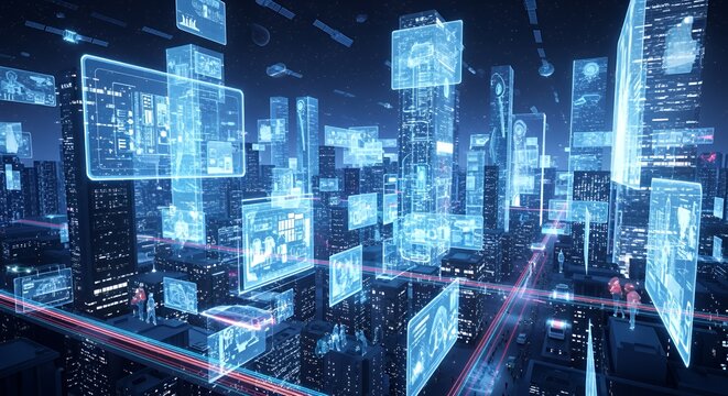 Futuristic Cityscape: Smart City Technology and Digital Interfaces