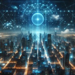 Fototapeta premium Futuristic Neon City with Floating Energy Matrix