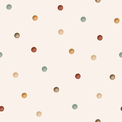 Cute hand drawn seamless pattern with Scattered polka dots in muted earth tones on a beige backdrop. Minimalist fall design perfect for fabric, wallpaper, wrapping paper, kids textiles, and more.