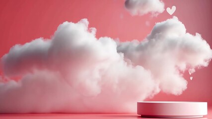A captivating 3d podium scene featuring clouds and floating white hearts on a bold red background. This minimalist design in pastel colors perfectly encapsulates the valentines day spirit. - Powered by Adobe