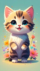 Cute cartoon cat among flowers