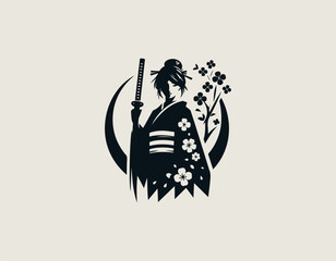 A graceful female warrior with a traditional kimono and a katana sword against a pink sun. Japanese art concept