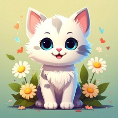 Cute cartoon cat surrounded by flowers (1)
