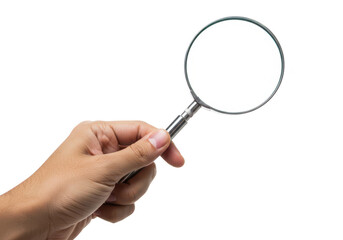Hand holding a magnifying glass isolated on transparent background, representing search, research, and discovery