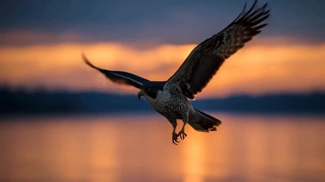 The peregrine falcon soars gracefully against the backdrop of a stunning sunset, reflecting golden reflections on the water.