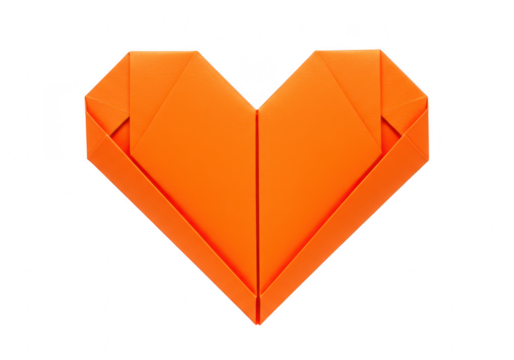 Orange origami heart made of paper, isolated on transparent background