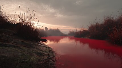 Dramatic blood red river at sunset with reflections and earthy banks under dusky skies.