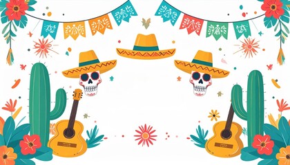 Naklejka premium Vibrant Cinco de Mayo celebration scene with colorful banners skulls cactus guitars flowers festive elements and cheerful decorations for Mexican holiday