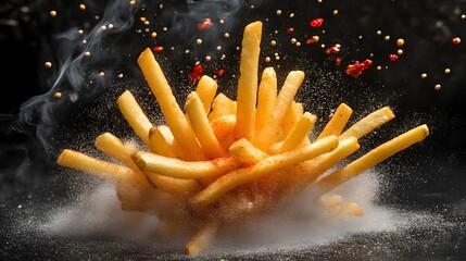 French fries bursting of spice, with black background.