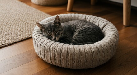 Plakat Cozy Sleep: Adorable Grey Tabby Kitten Napping in a Soft Knitted Pet Bed on Hardwood Floor
