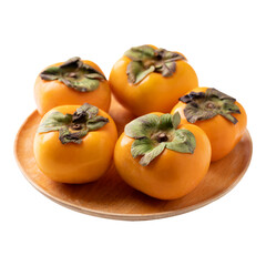 Fresh ripe persimmon on wooden plate, Autumn sweet fruit	