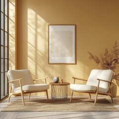 Two chairs positioned near an accent coffee table against a pastel wall with a framed poster, showcasing mid-century style home interior design for a modern living room. 3D rendering, Generative AI