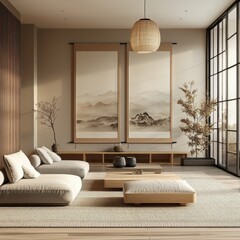 Minimalist Japandi home interior design for a modern living room, featuring clean lines and neutral tones. 3D rendering, Generative AI