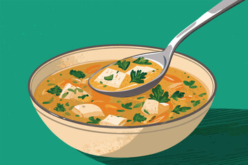 Close-up action shot of a silver spoon submerging into rich, steaming chicken noodle soup, showcasing noodles, carrots, celery, herbs, and broth.